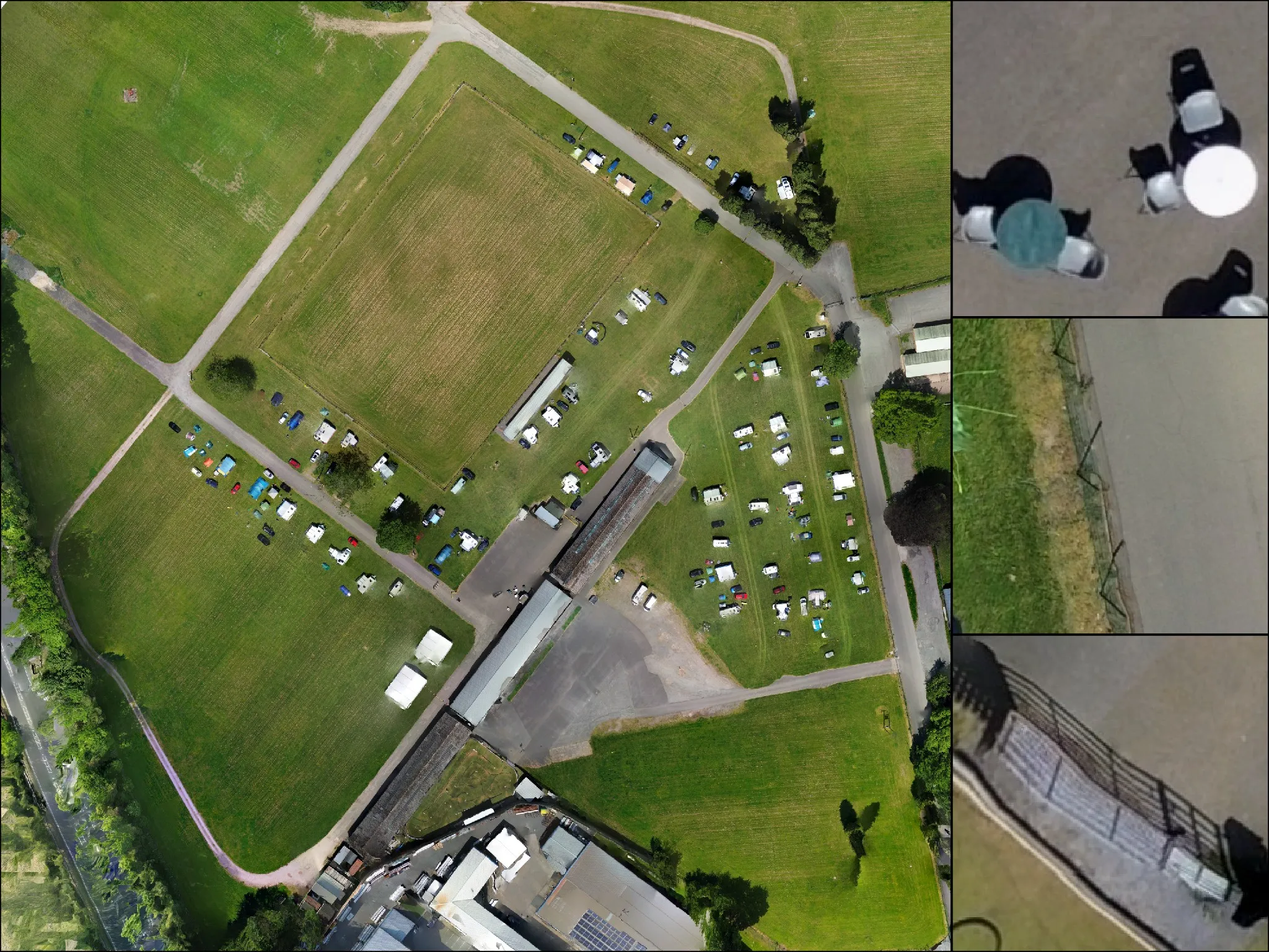 An example of high resolution mapping showing the CCCF showground site with three highly zoomed in insets: tables and chairs, a fence, and a gate
